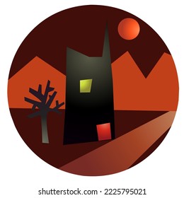 abstract Black and orange graphics with, old tree and dark and spooky castle, ghost festival