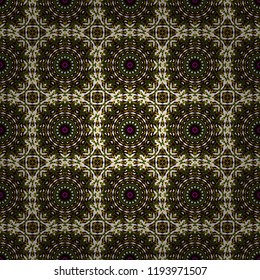 Abstract black, orange and green psychedelic print. Seamless impressive Mandalas pattern. Modern urban dazzle paint. Raster eco-styled background. Fabric, wallpaper, cloth and textile design.
