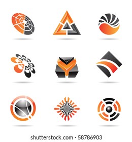 Abstraktes Schwarz-Orange-Symbol Set einzeln auf weißem Hintergrund