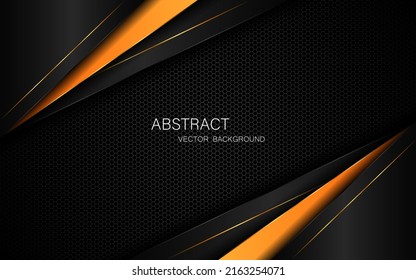 Abstract black and orange polygon with golden glow lines overlaid on dark steel mesh background with free space for design.
