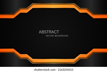 Abstract black and orange polygon with golden glow lines overlaid on dark steel mesh background with free space for design.
