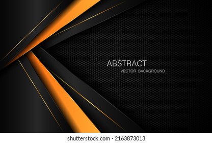 Abstract black and orange polygon with golden glow lines overlaid on dark steel mesh background with free space for design.
