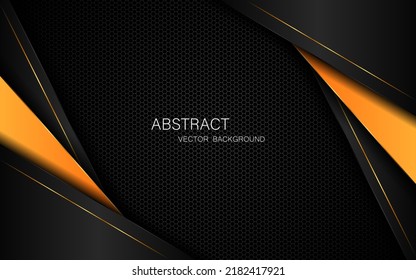 Abstract black and orange polygon with golden glow lines overlaid on dark steel mesh background with free space for design.
