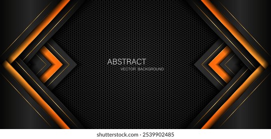 Abstract black and orange polygon with golden glow lines overlaid on dark steel mesh background with free space for design.	