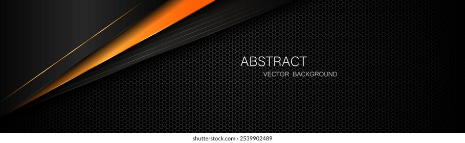 Abstract black and orange polygon with golden lines on dark steel mesh background with free space for design. modern technology innovation concept background	