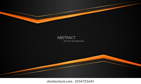 Abstract black and orange polygon with golden lines on dark steel mesh background with free space for design. modern technology innovation concept background	
