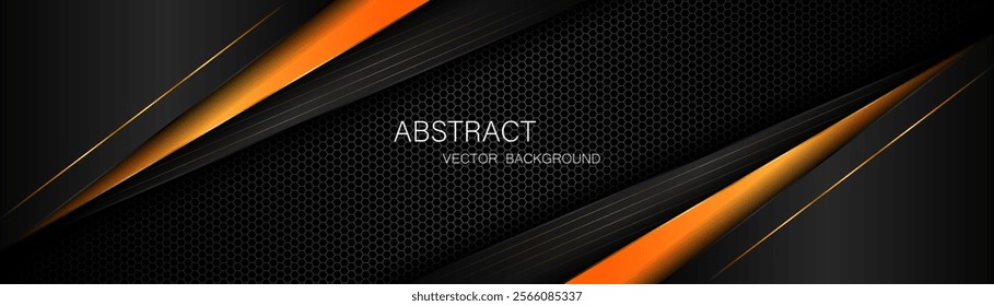 Abstract black and orange polygon with golden lines on dark steel mesh background with free space for design. modern technology innovation concept background	