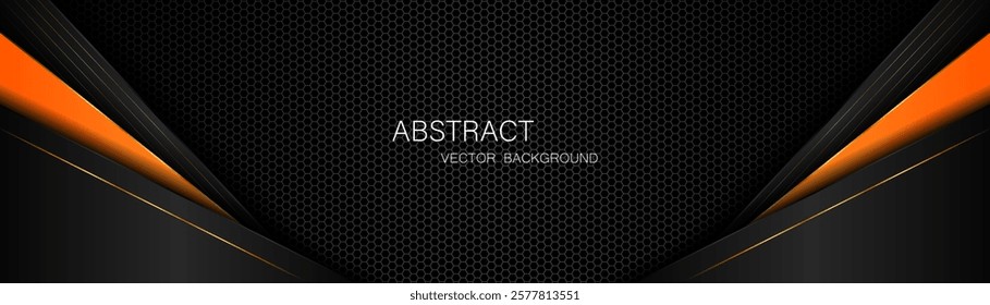 Abstract black and orange polygon with golden lines on dark steel mesh background with free space for design. modern technology innovation concept background	