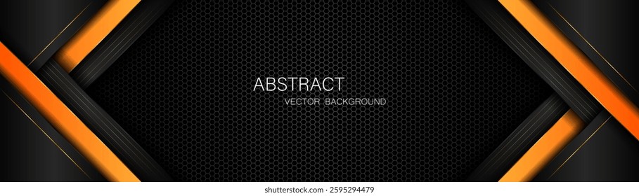 Abstract black and orange polygon with golden lines on dark steel mesh background with free space for design. modern technology innovation concept background	