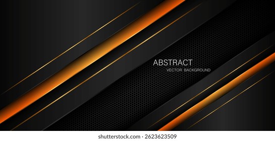 Abstract black and orange polygon with golden lines on dark steel mesh background with free space for design. modern technology innovation concept background	