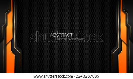 Abstract black and orange polygon with golden lines on dark steel mesh background with free space for design. modern technology innovation concept background	