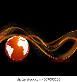 Resumen del fondo de la tecnología de color naranja negro con el globo terrestre y las ondas suaves. Diseño vectorial de tecnología conceptual