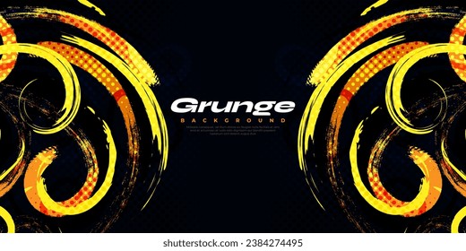 Abstract Black, Orange and Yellow Brush Background with Halftone Effect. Sport Background. Brush Stroke Illustration for Banner or Poster. Scratch and Texture Elements For Design