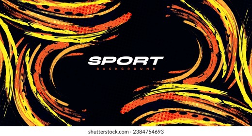Abstract Black, Orange and Yellow Brush Background with Halftone Effect. Sport Background. Brush Stroke Illustration for Banner or Poster. Scratch and Texture Elements For Design