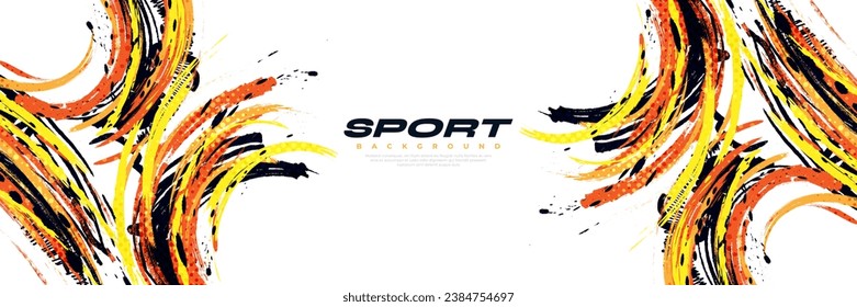 Abstract Black, Orange and Yellow Brush Background with Halftone Effect. Sport Background. Brush Stroke Illustration for Banner or Poster. Scratch and Texture Elements For Design
