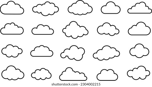 Resumen del conjunto de nubes de contorno negro. Colección de nubes esponjosas y mullidas. Formas de líneas simples nubladas. Elemento de decoración de vector plano.