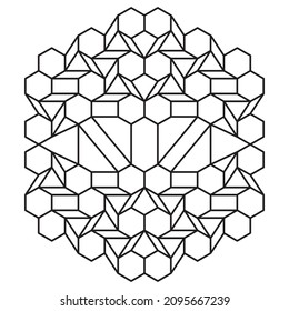 Abstract black outline geometric shapes of hexagons and triangles makes 3d effect face-like design on a white background