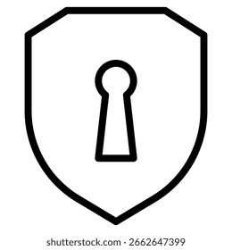 Resumo preto de forma de escudo mostrando o buraco de fechadura que representa segurança e proteção contra fundo branco, ideal para tecnologia e promoções de negócios relacionados à internet.