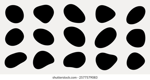 Abstract black oval shapes pattern on a white background. Repeating black ovals create a minimalist design. Black ovals add a modern touch to any decor. Black shape vector set.