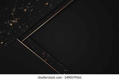 Abstract black overlapping layers background a combination with golden texture line decoration. Dark luxury and premium concept vector design template for element modern cover, banner, card