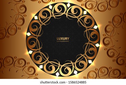 Abstract black overlapping layers background a combination with golden texture mandala decoration. Dark luxury and premium concept vector design template for element modern cover, banner, card