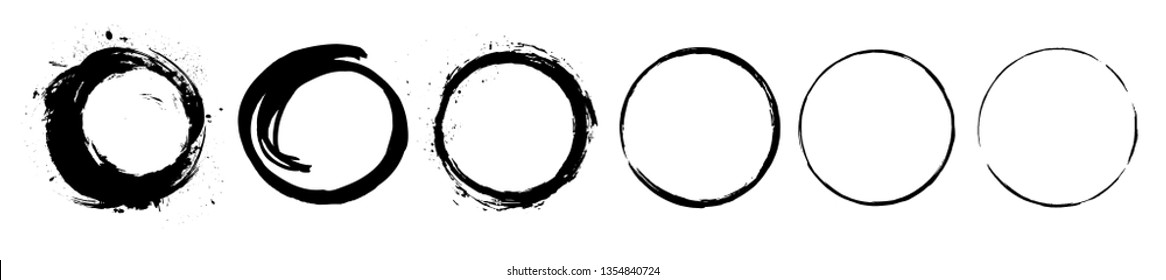Abstract black paint brushstroke circles pack. Enso zen ink brush style symbol set. Buddhism, oriental sign vector illustration. Sumie style round shapes. Grunge hand drawn circular frames