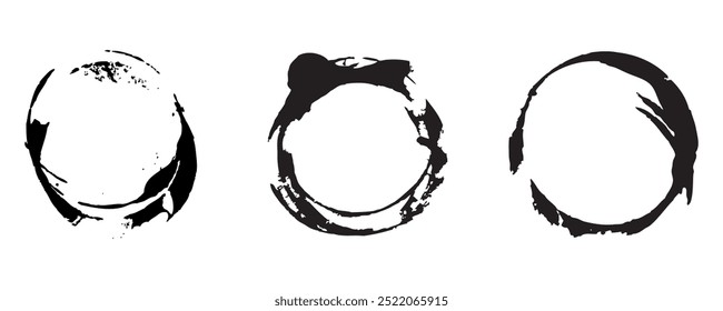 Abstract black paint brushstroke circles pack.Grunge ink brush style symbol set vector illustration isolated on transparent background.