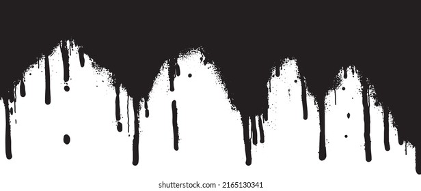 Abstract black paint dripping vector background. Black ink liquid splatter wallpaper with spray paint, graffiti drips texture. Black fluid dripping illustration design for decorative, street art.