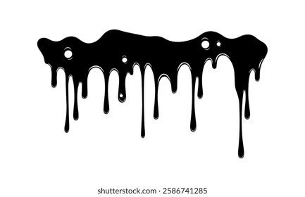 Abstract black paint drips on a white background. Creates a rough texture and dramatic contrast, adding an artistic and modern touch