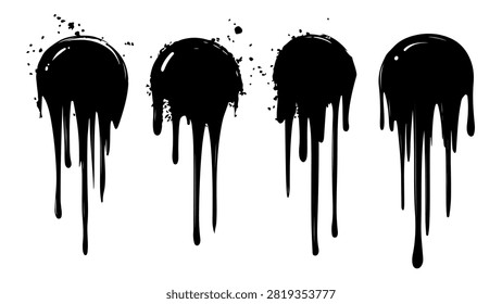 Abstract black paint drips on a white background, creating a striking visual effect with flowing, uneven lines and a sense of movement.