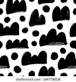 Abstrakte schwarze Farbformen und Kreise Vektorillustration nahtlose Muster. Trockene Pinselstrich-Schlagwolken, Halbkreise, Doppel- und Dreifache Halbkugeln handgezeichnet Doodles. Grungiges Tapetendesign, Stoffdruck