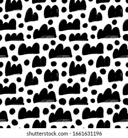 Abstract black paint shapes and circles vector seamless pattern. Dry brush stroke clouds, semicircles, double and triple semi spheres hand drawn doodles. Grungy wallpaper design, textile print