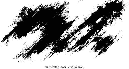 Abstract black paint splatter on white background. Stylish, grunge with a rough, worn look in dust and scratches on a white background. Brush strokes, stain grunge isolated on white background,