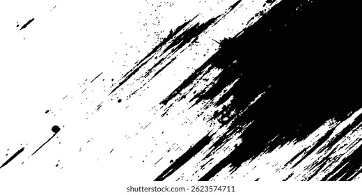 Abstract black paint splatter on white background. Stylish, grunge with a rough, worn look in dust and scratches on a white background. Brush strokes, stain grunge isolated on white background,