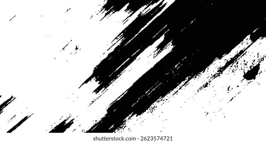 Abstract black paint splatter on white background. Stylish, grunge with a rough, worn look in dust and scratches on a white background. Brush strokes, stain grunge isolated on white background,