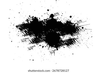 Abstrakte schwarze Farbplatte auf weißem Hintergrund. Grunge Tinte Fleck Textur mit Pinselstrichen. Illustration, Vektordesign.