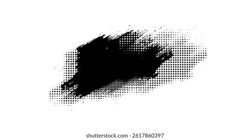 Abstract black paint stroke with halftone dots overlay on white background, expressive ink splat with grunge texture for artistic designs and graphic elements
