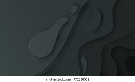 Abstract black paper cut background with simple shapes. Modern vector illustration for concept design. Realistic 3d layered smooth bending objects.