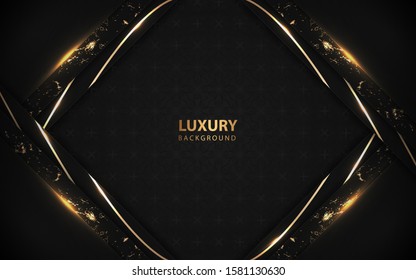 Abstract black paper overlapping layers background a combination with golden texture line decoration. Dark luxury and premium concept vector 