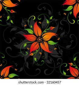Abstract black pattern with flowers and butterflies