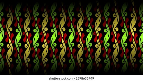 An abstract black pattern with green and red flame-like motifs, giving an exotic and bold impression.