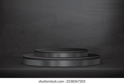 Abstract black pedestal podium 3D design and dark background. Minimal studio showroom concept presentation for product display, fashion showcase, banner cosmetic, promotion. Vector geometric
