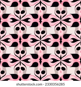 Abstract black and pink design on white, a repeating fabric pattern with art deco influences. Seamless and visually striking pattern.