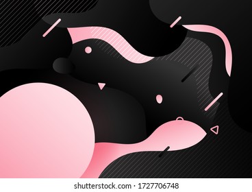 Abstract black and pink fluid or liquid gradient dynamic wave shape pattern with geometric element on dark background. Vector illustration