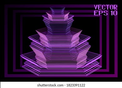 Abstract Black and Pink Geometric Pattern with Stripes. Optical Psychedelic Illusion. Futuristic Architectural Object Isolated on Black Background. Vector. 3D Illustration