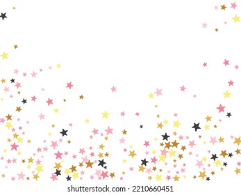 Abstract black pink gold stars falling scatter background. Many stardust spangles xmas decoration confetti. Dreams stars falling illustration. Sparkle particles congratulations decor.