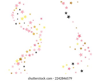 Abstract black pink gold stars random vector illustration. Many stardust spangles Noel decoration confetti. Wedding stars random background. Sparkle elements explosion.