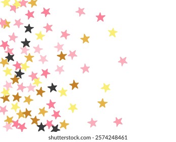 Abstract black pink gold stars random scatter design. Little starburst spangles birthday decoration particles. Baby shower stars random texture. Sparkle particles poster decor.