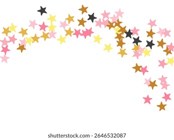 Abstract black pink gold stars falling scatter backdrop. Many stardust spangles xmas decoration elements. Cartoon stars falling illustration. Spangle particles poster decor.
