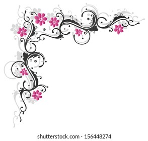 Abstract black and pink tendril with flowers and leaves.